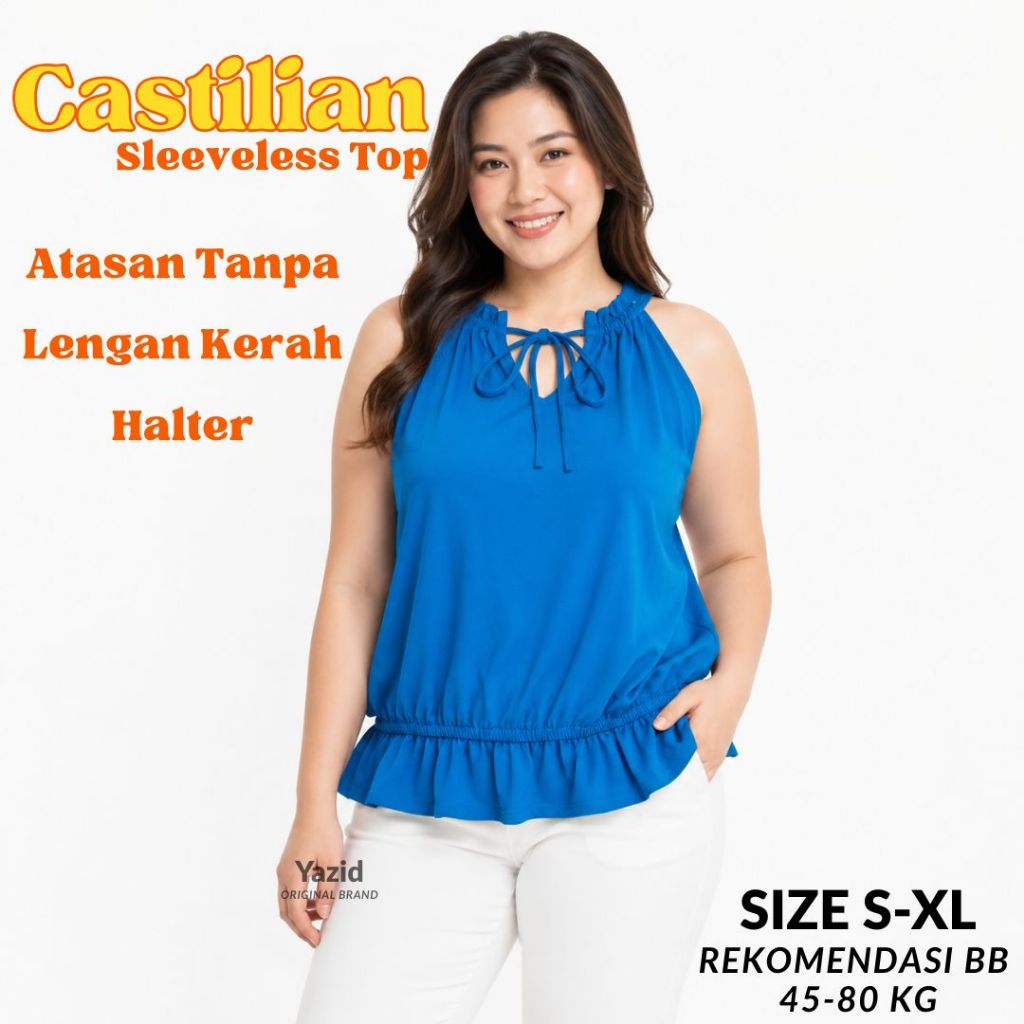 [ELEGANT] Castilian Sleeveless Top Wanita Biru Atasan Tanpa Lengan Kerah Halter Premium