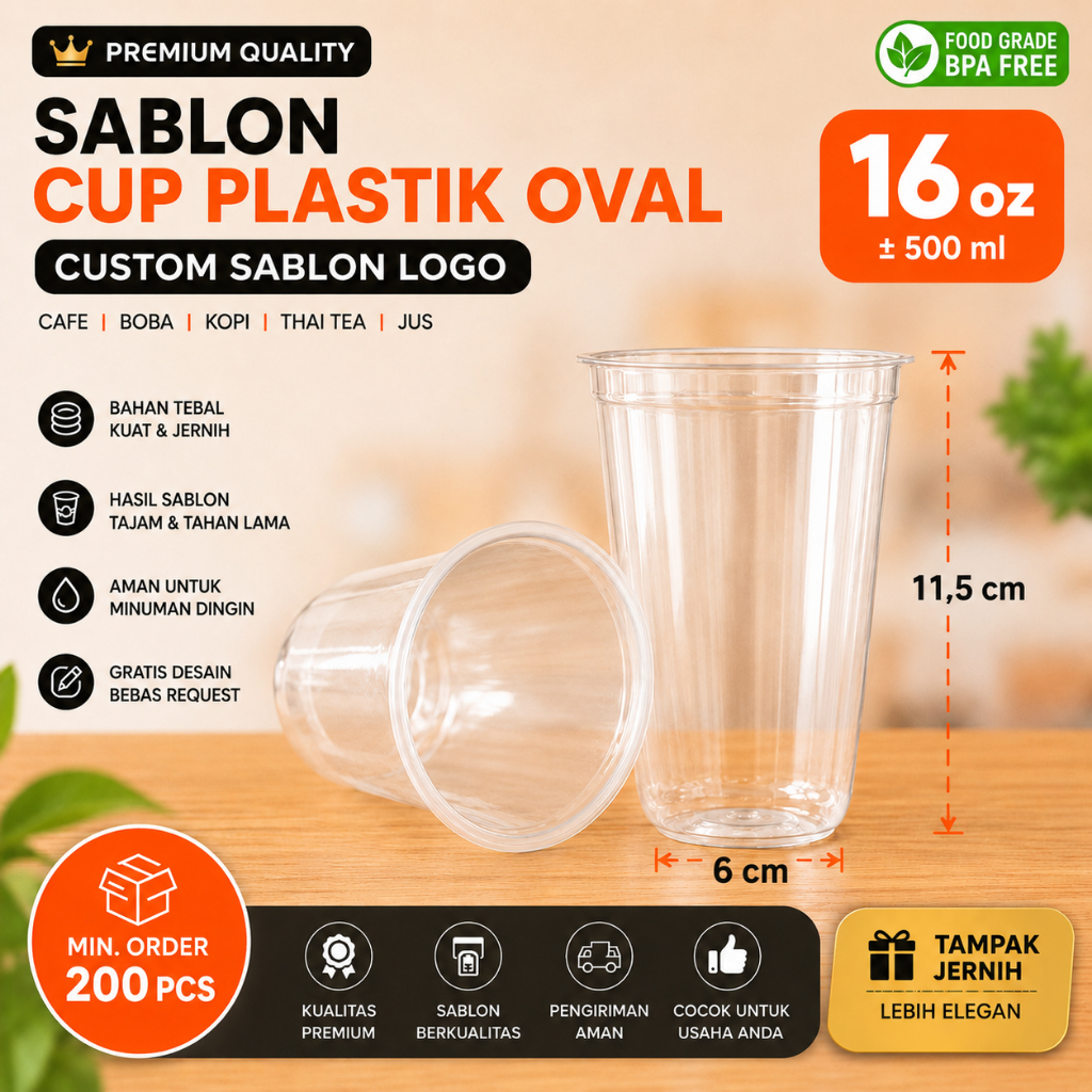 Sablon Cup Plastik Oval 16 Oz Tebal Custom Logo Cafe Boba Free Desain