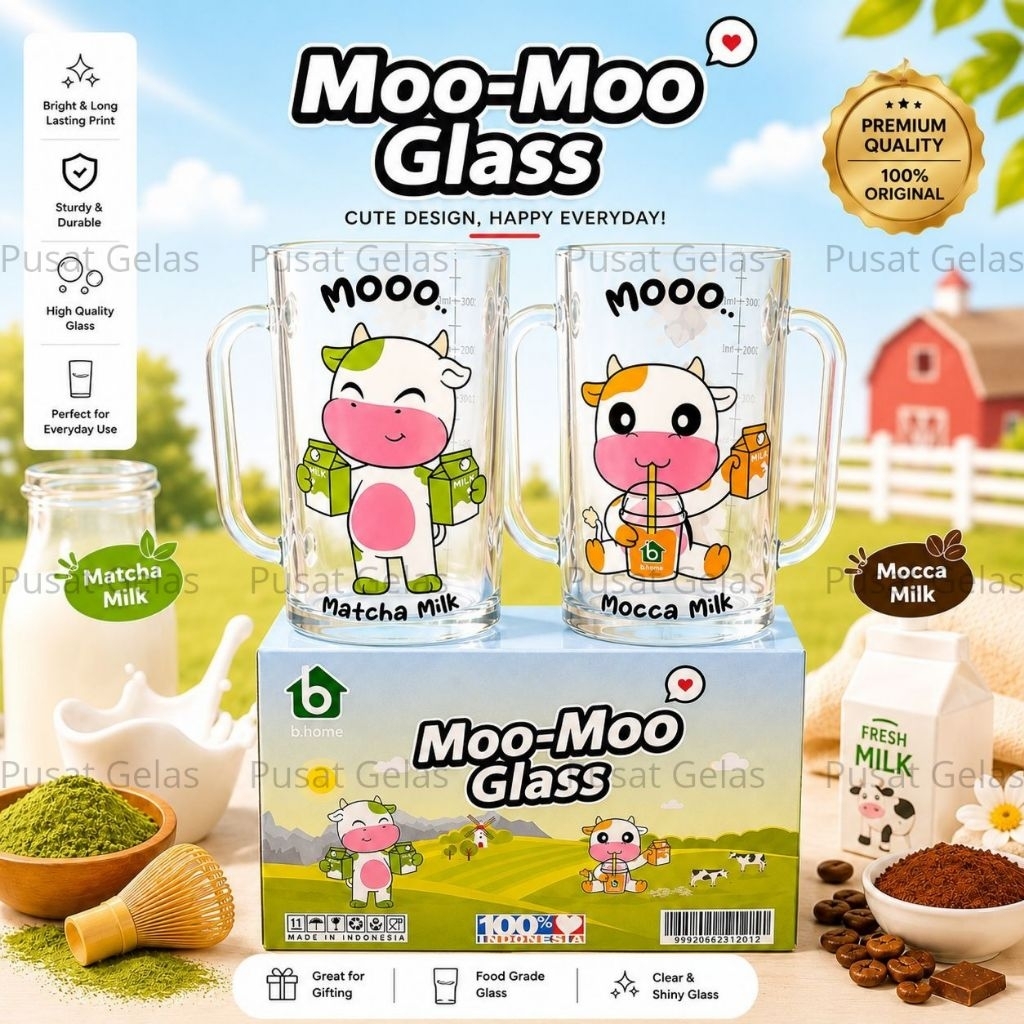 1 SET ISI 2 PCS GELAS MUG MOO-MOO GLASS/GELAS MUG SUSU CHOCO SET/GELAS KACA SET/GELAS LUCU/GELAS GIF