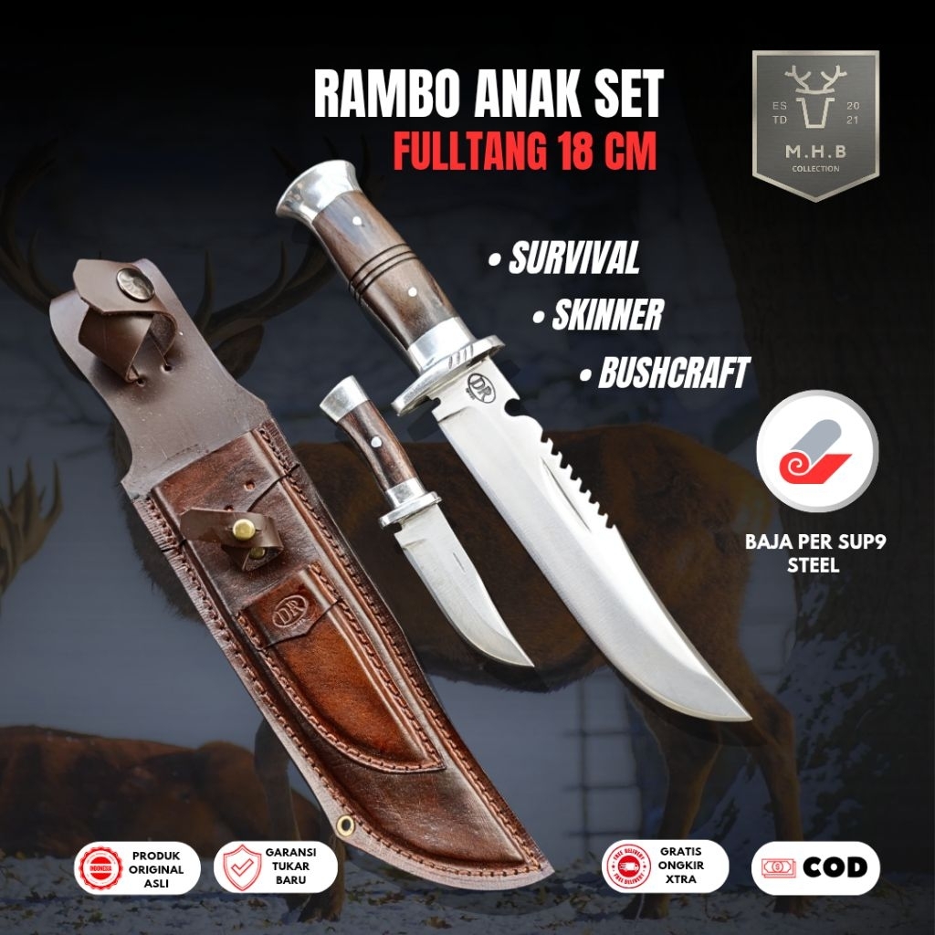 MHB | Pisau Survival Bushcraft Rambo anak Set Sepaket - Pisau Skinner Bushcraft Survival