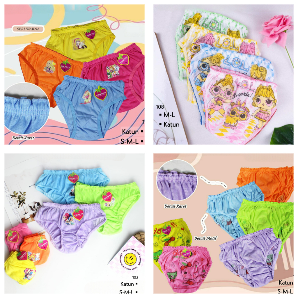 RVC75 - Celana Dalam Sempak Anak Perempuan S M L CD Brief Anak Cewek Underwear Katun Polos Karakter 