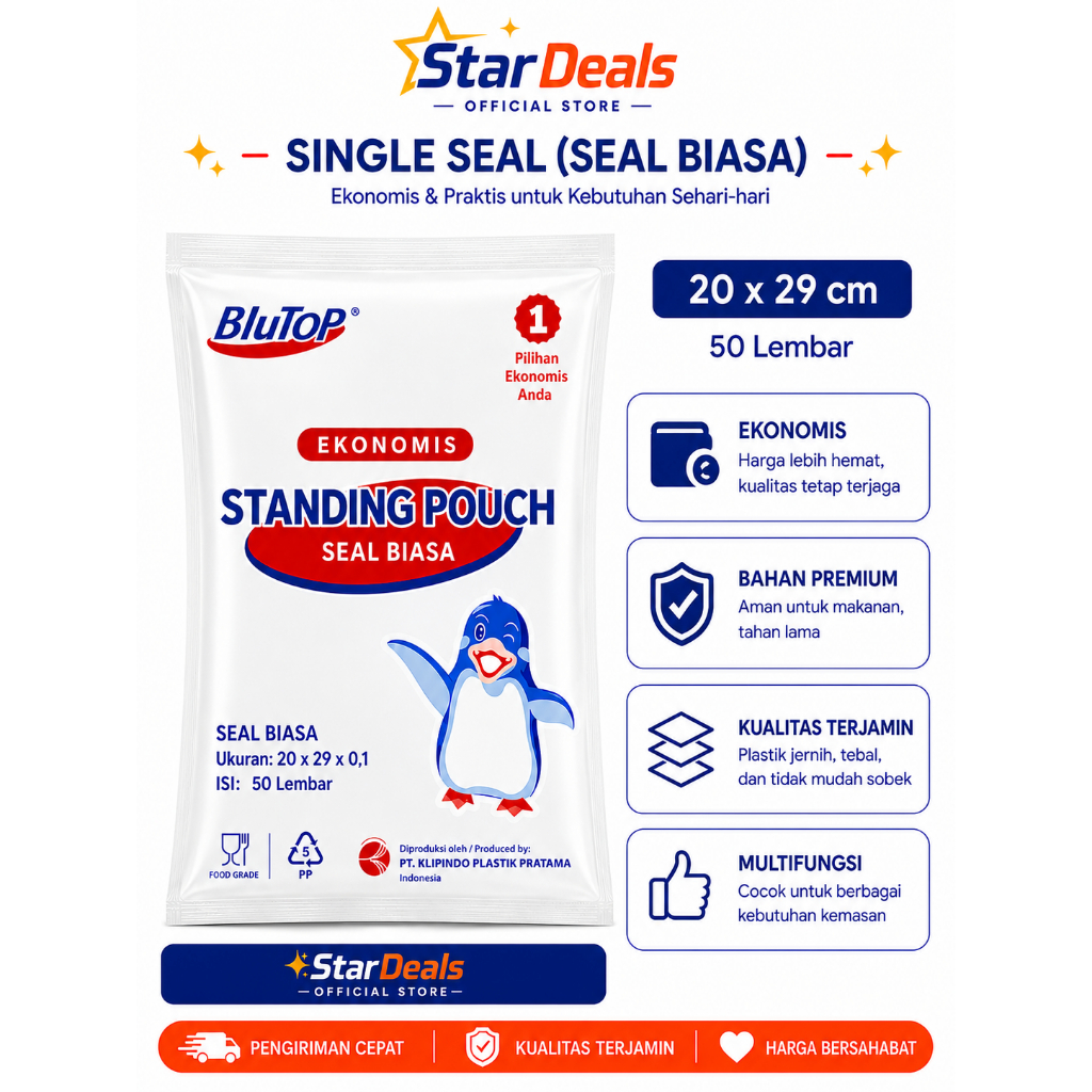 STANDING POUCH BLUTOP SINGLE SEAL 20X29 STANDING POUCH SEAL BIASA 20X29 BLUTOP