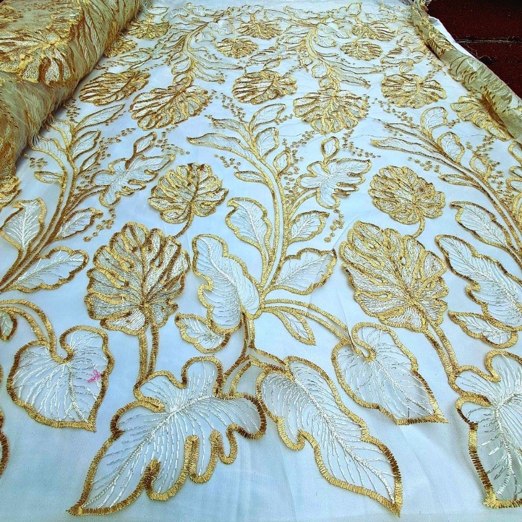 Kain Tile Bordir Twotone Premium Motif Daun Bunga Elegan/kain tile full bordir redy rollan murah