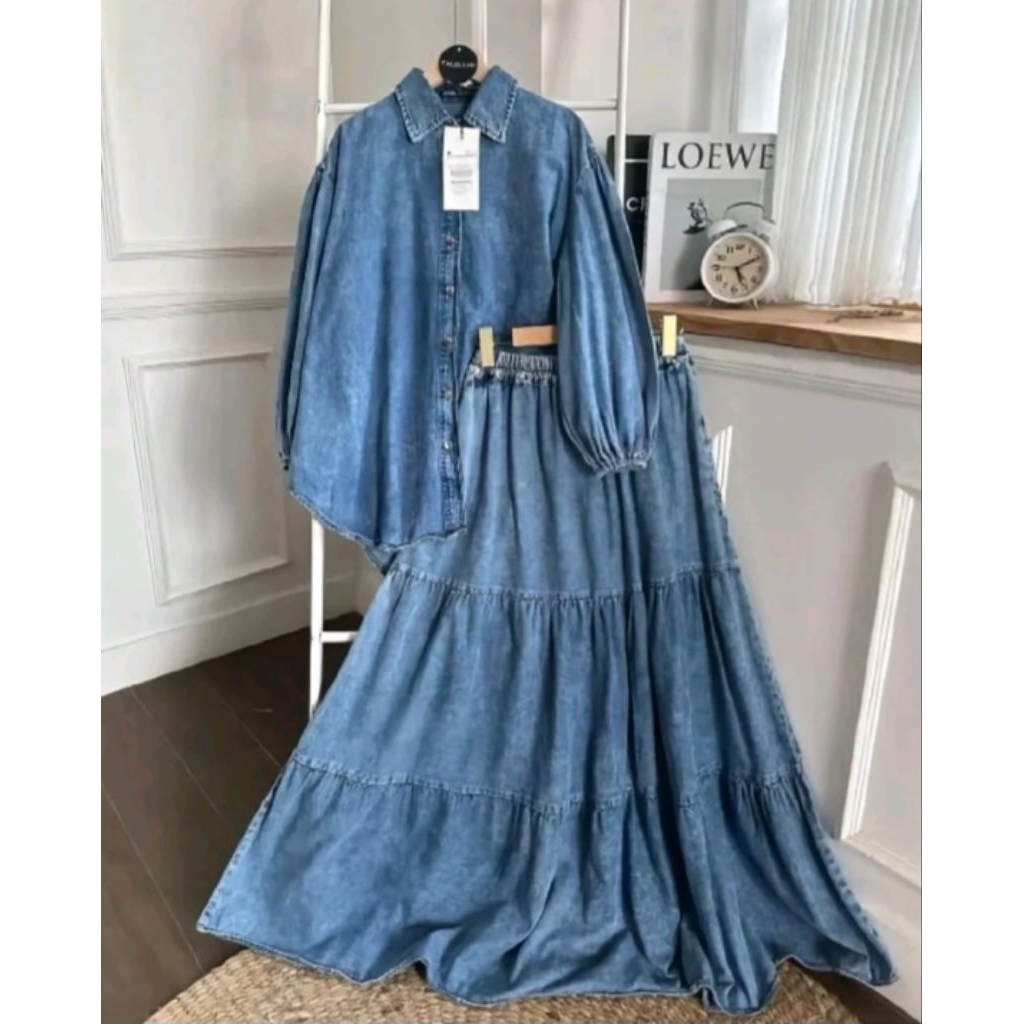 Setelan Kemeja Dan Rok Jeans Wanita Denim Premium/ Oneset Jeans Jumbo