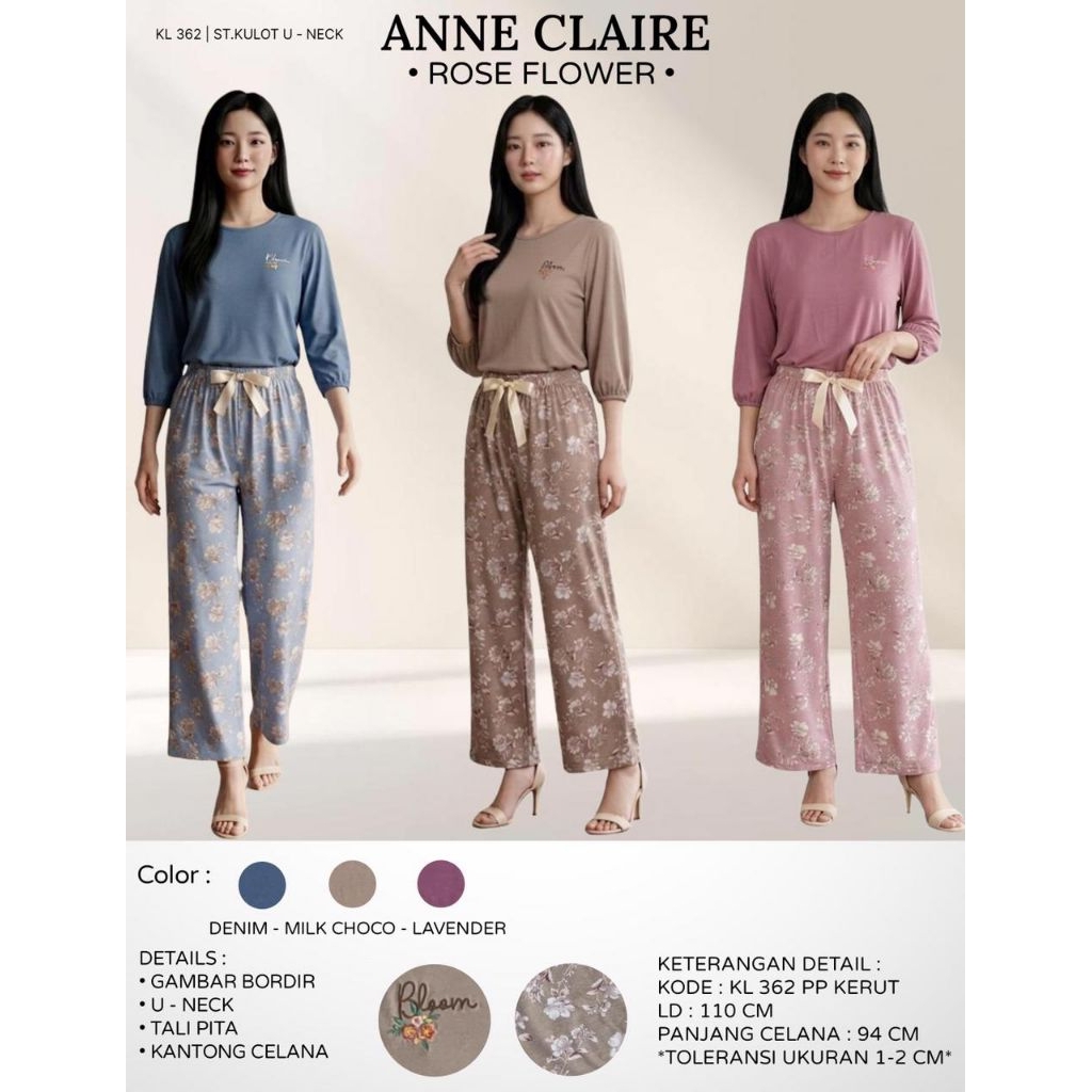 Anne Claire Setelan Kulot Rose Flower U - Neck - KL 362 PP Lengan Kerut - Setelan Kulot Lengan Panja