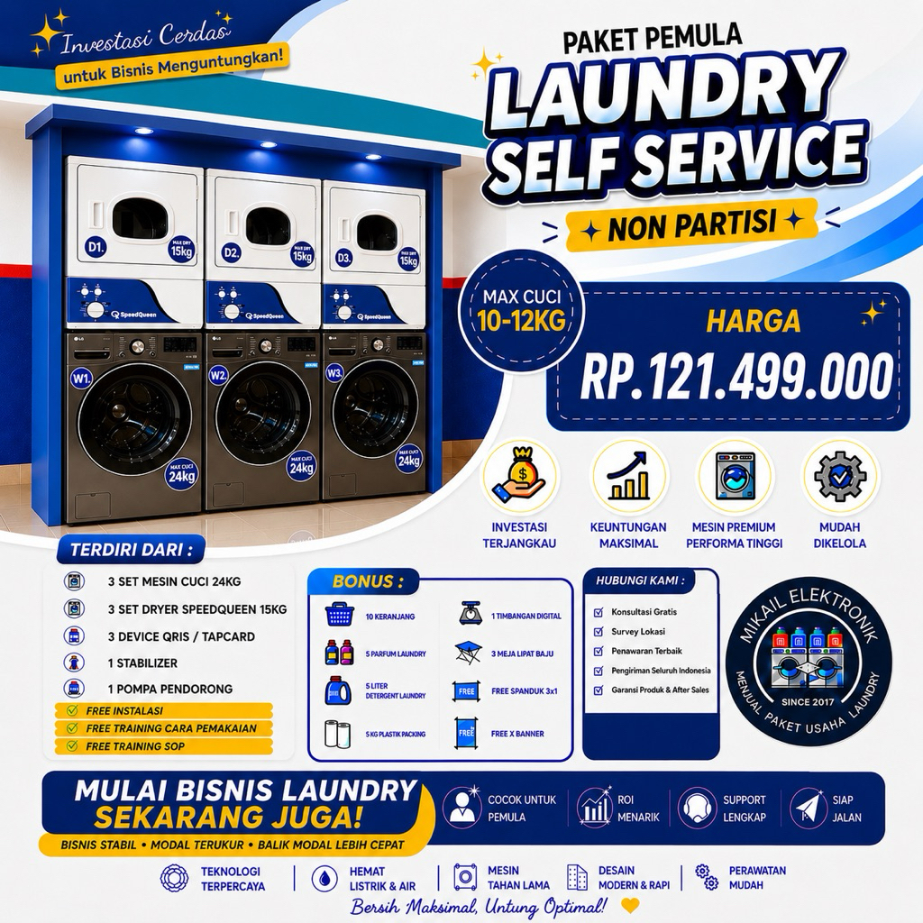 PAKET MESIN LAUNDRY SELF SERVICE QRIS LG 24 KG DRYER SPEEDQUEEN 15 KG
