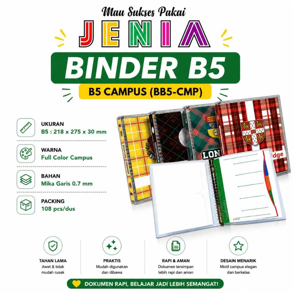 Map Binder File JENIA B5 Campus Motif Eksklusif, Folder Dokumen Tebal & Kuat