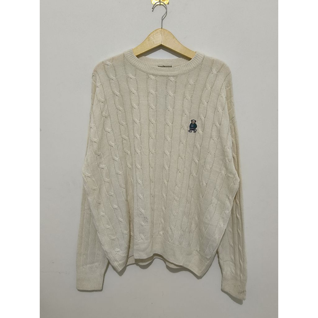 Sweater Cable Knit Rajut Kepang SPAO Bear Logo White Cream L Oversize fit XL-XXL