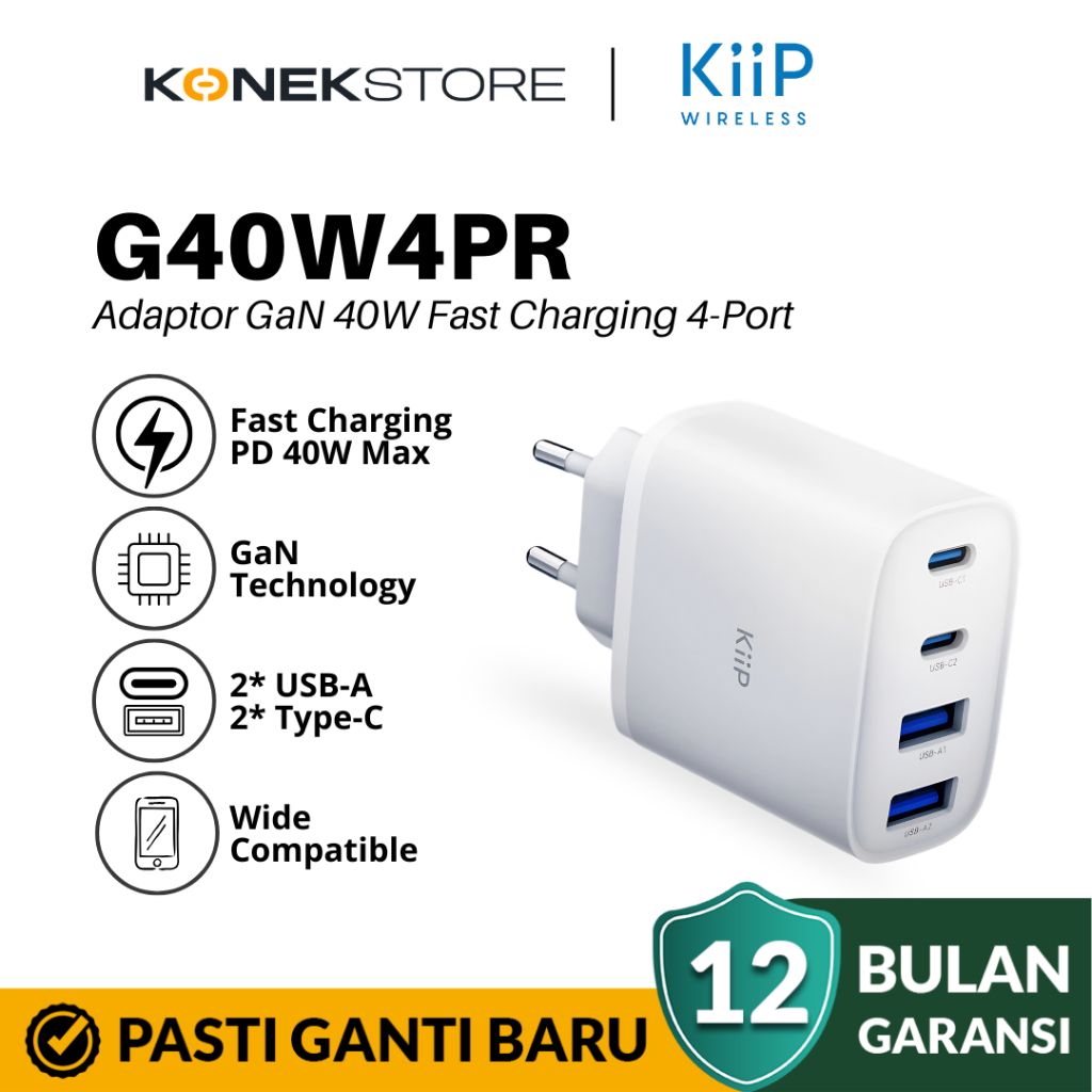 KiiP G40W Charger Adaptor GaN 40W 4-Port PD Fast Charging