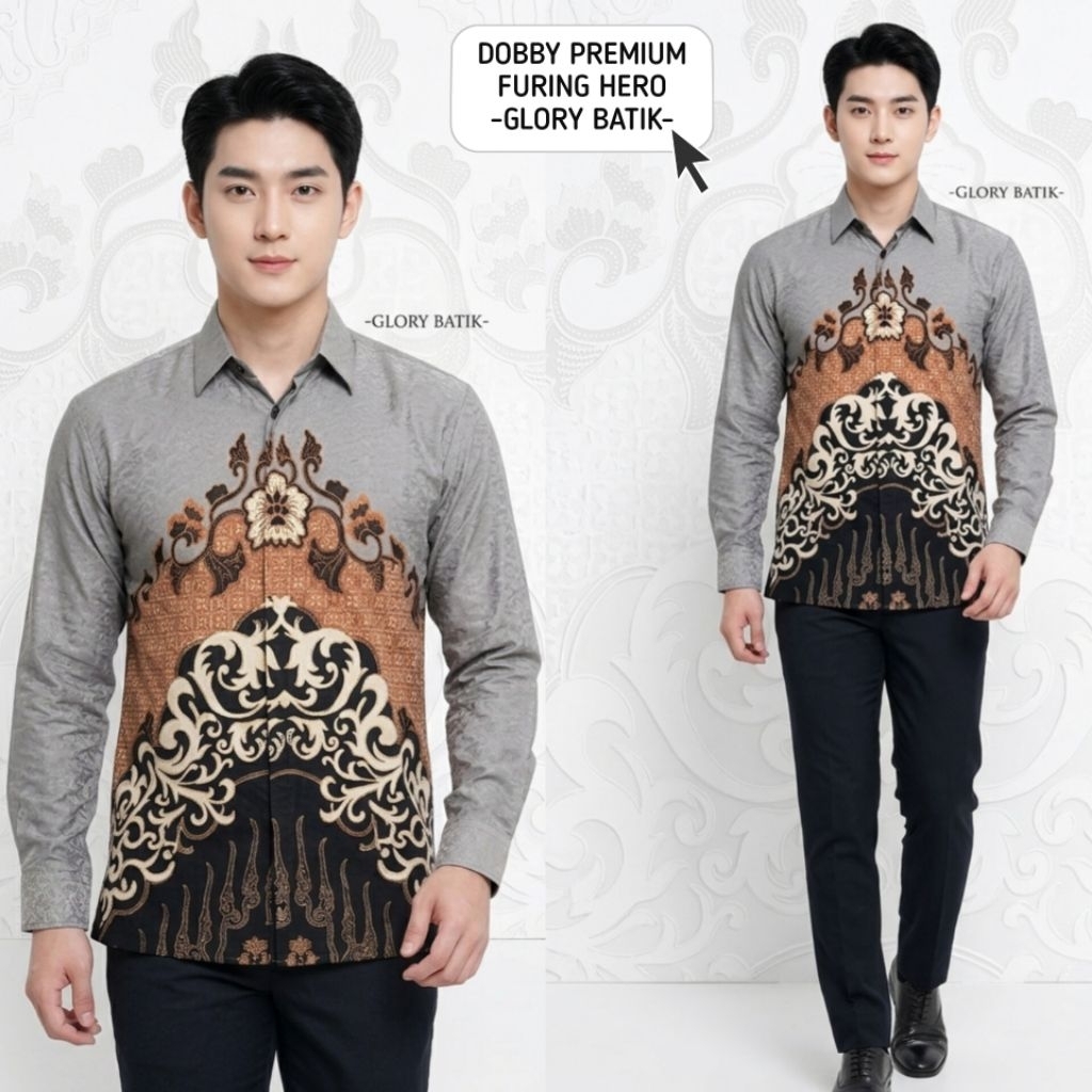 Kemeja Batik Dobby Abu Grey Premium | Atasan Batik Pria Dobby Lengan Panjang | Kemeja Dobby Batik | 