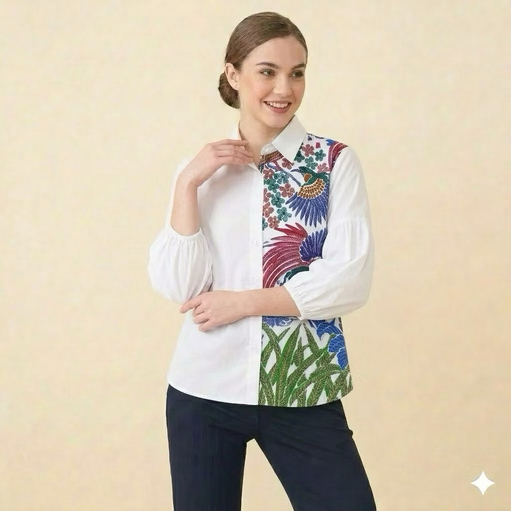 Shanaya Batik Blus Wanita Azura toyobo mix Batik Printing Rumput Blouse Kerja Cantik Elegan