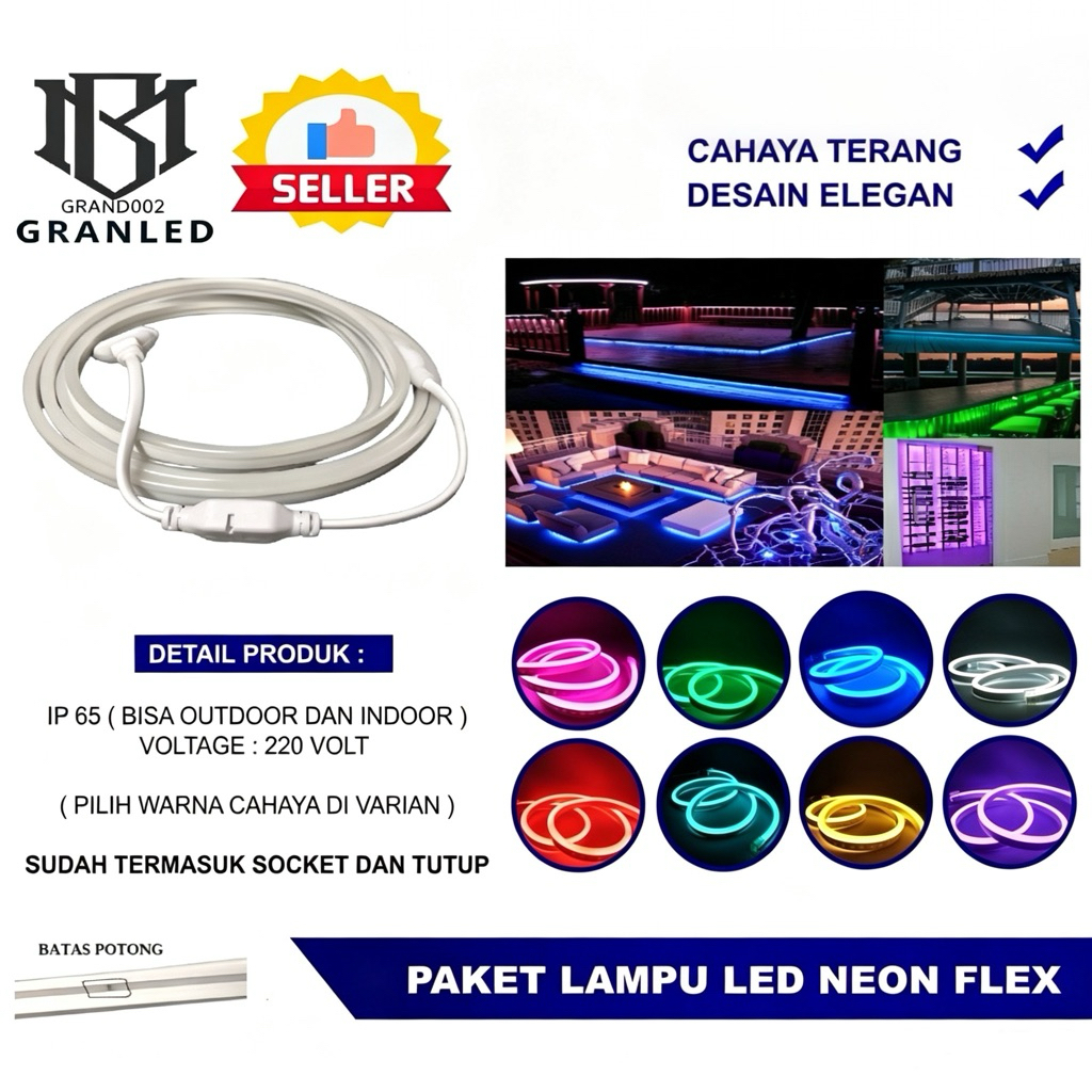 Paket Lampu Neon Flex 220v 1m 2m 3m 4m 5m 5 meter + free soket 1pcs / SUDAH SIAP PAKAI  Led Selang F