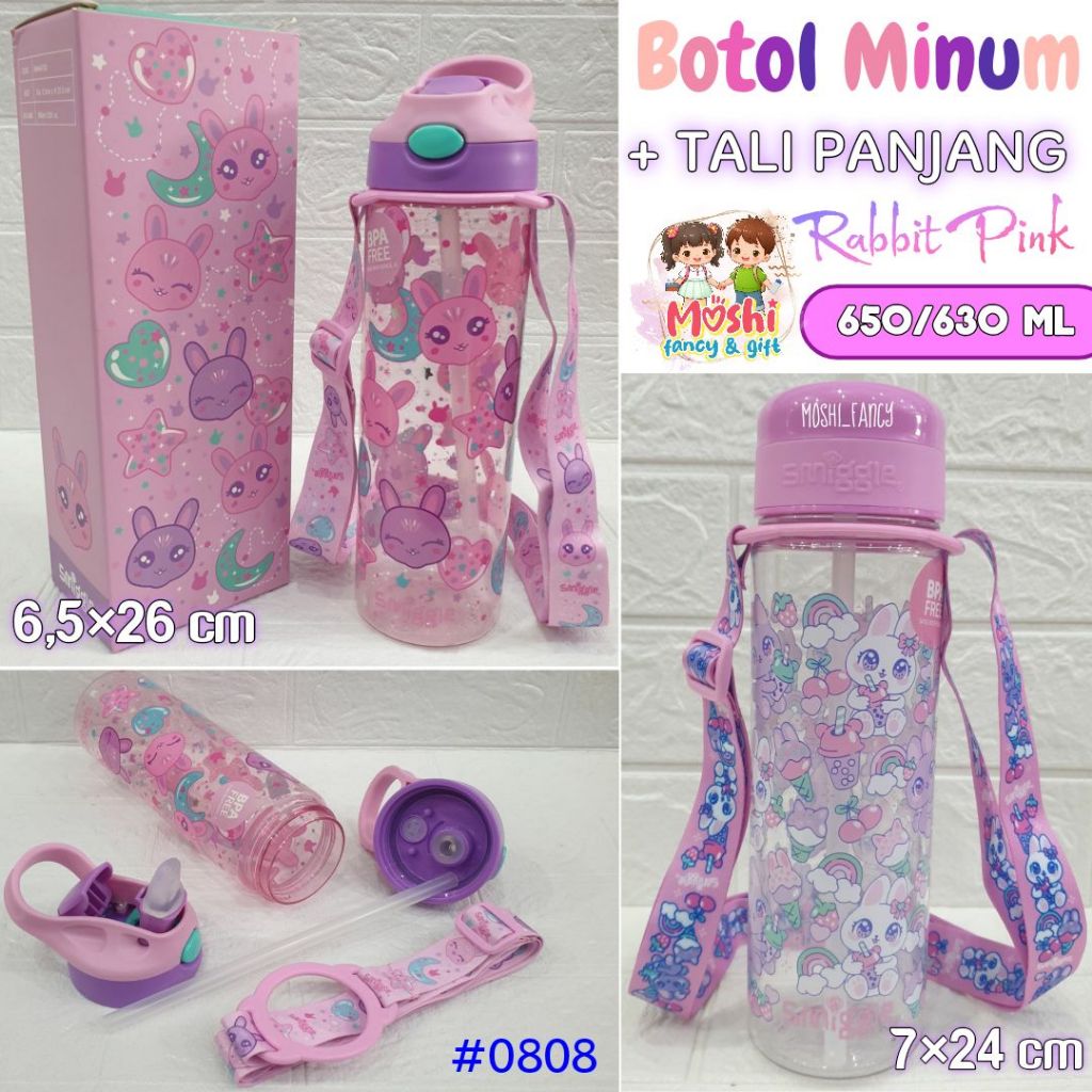 Botol Minum Rabbit Pink Flip / Tempat Minum Rabbit 630 ml / Botol Minum Anak Flip Perempuan Tali Pan