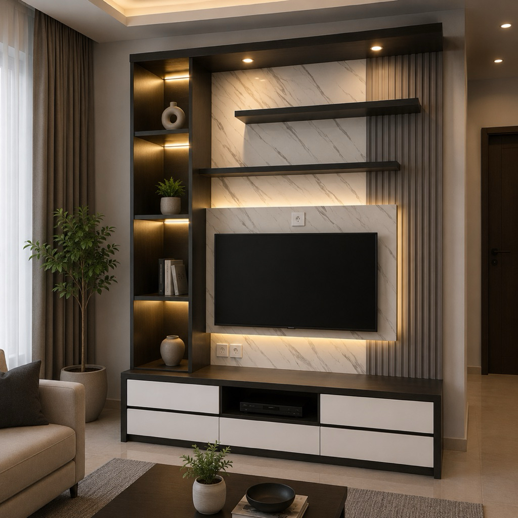 Backdrop TV Minimalis Modern Hitam Putih Rak LED Cabinet TV Marmer Elegan