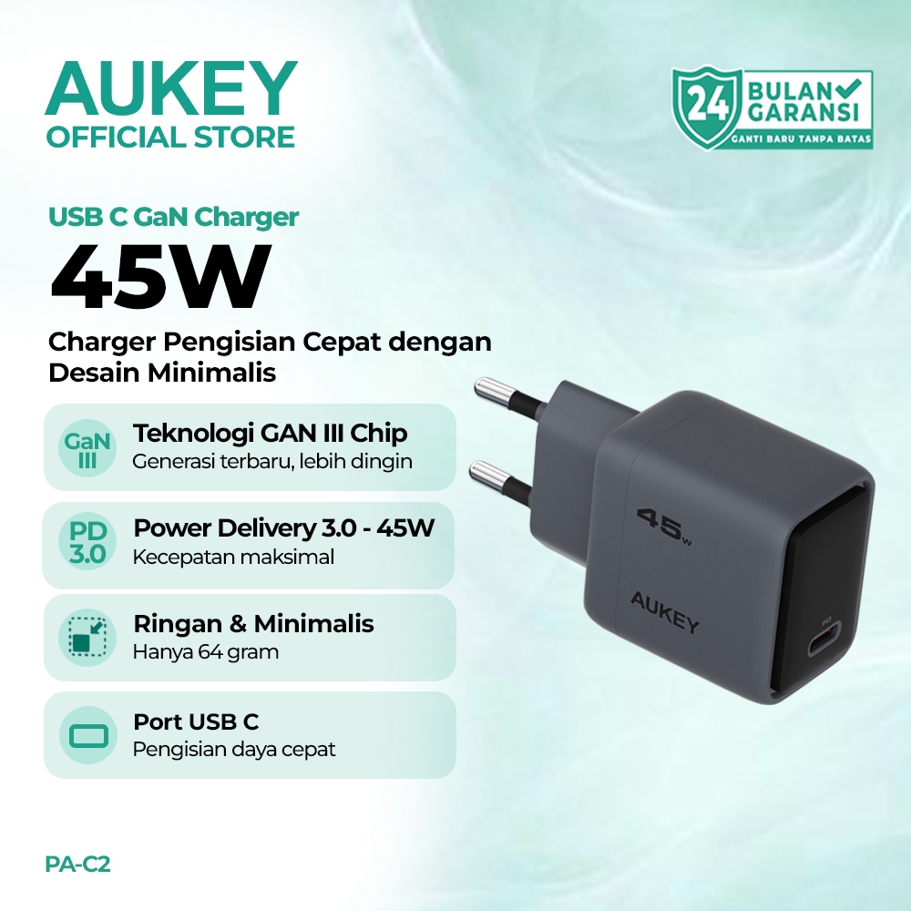 AUKEY Charger GaN 45W Fast Charging USB-C iPhone 17 16 15 14 Samsung MacBook Laptop Original Garansi