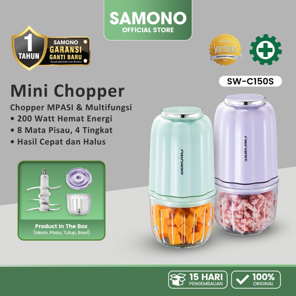 SAMONO Chopper MPASI Multifungsi Pelumat Makanan Pengolah Daging SW-C150S Garansi Ganti Baru 1 Tahun