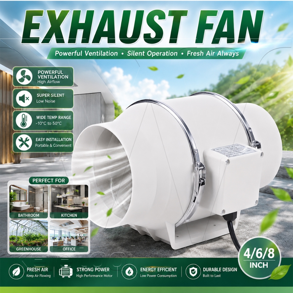 4" 6" 8" Kipas Angin Buang Diam Exhaust Fan Dinding Inline Duct Fan Blower Hisap Kipas Angin Buang D