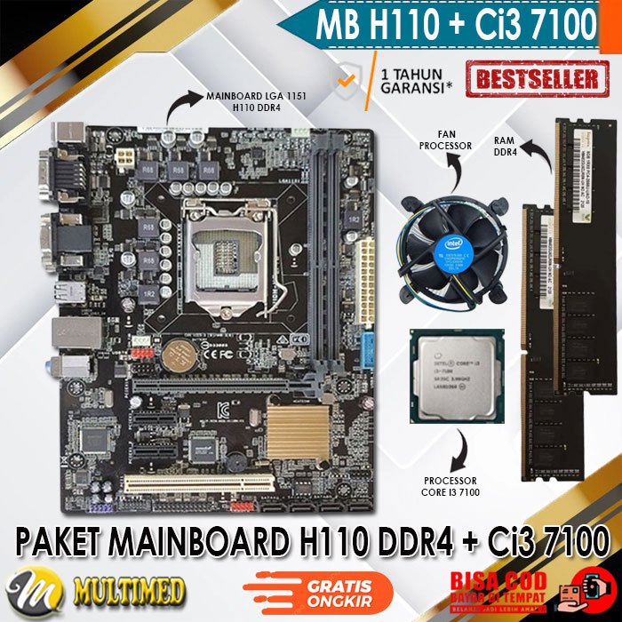 Paket Motherboard H110 LGA 1151 DDR4 + Core I3 7100 + Fan + RAM