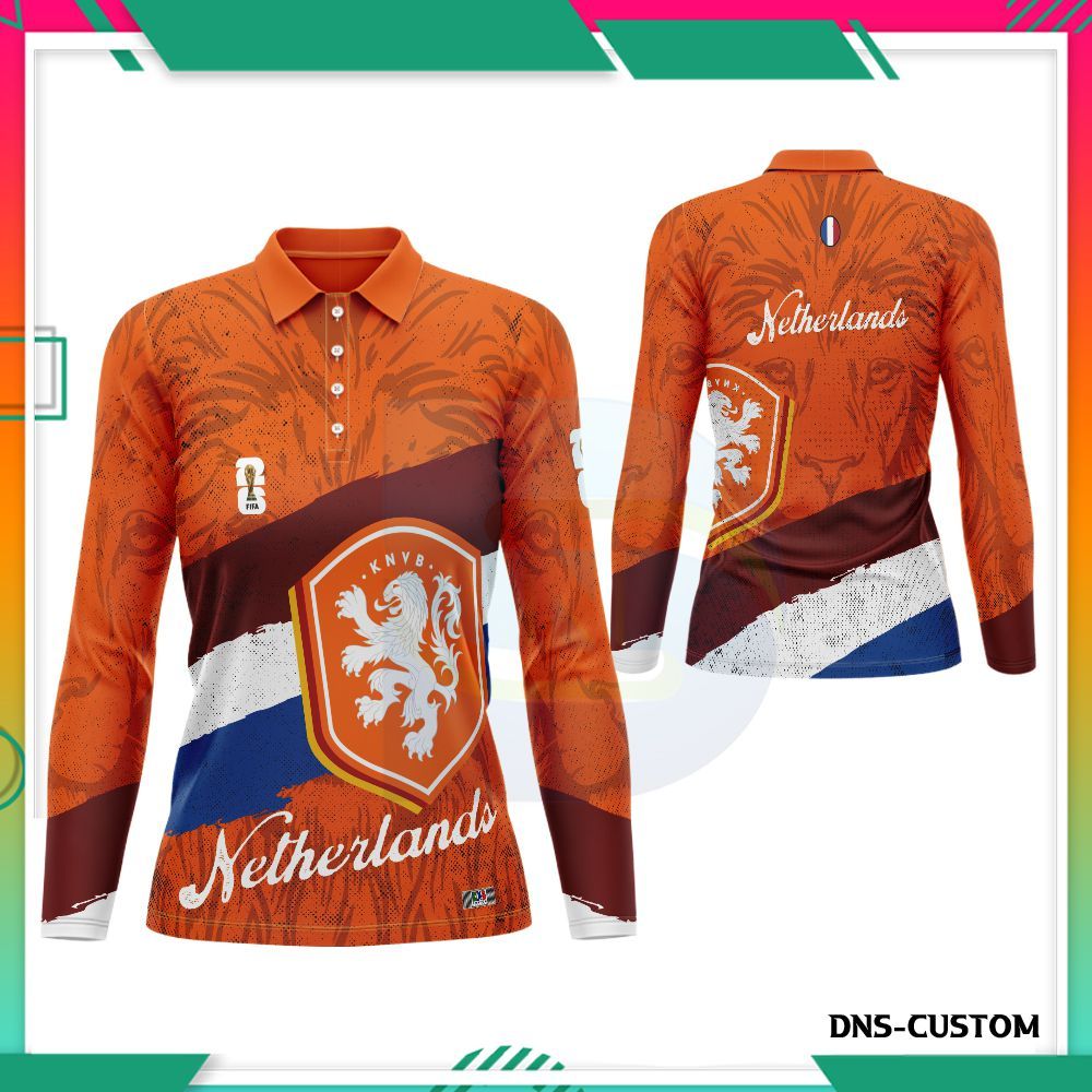 Jersey Netherlands Wanita - Kaos Polo Belanda Cewek Lengan Panjang - Baju Wangki Fullprint