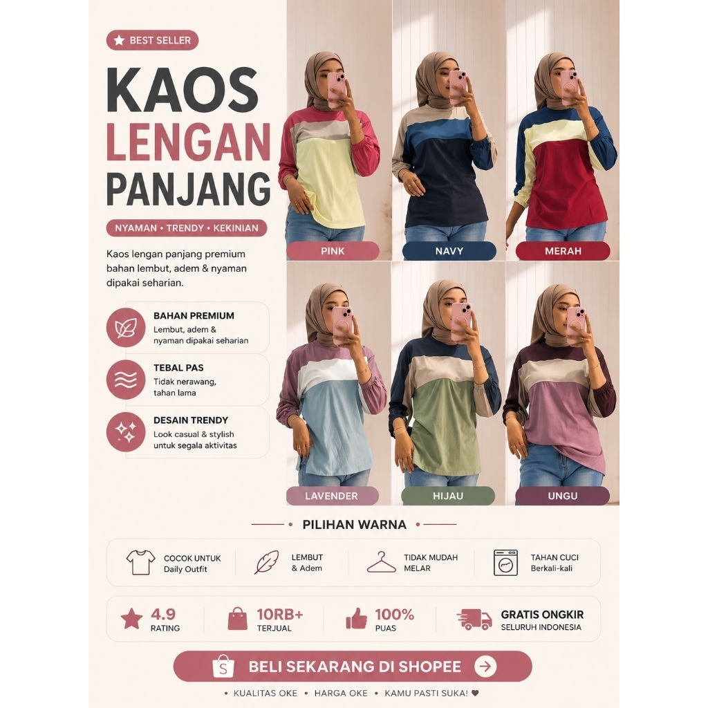 Kaos Wanita Lengan Panjang Kerut Kombinasi 3 warna Kaos Kombinasi wanita Tshirt wanita kekinian kaos