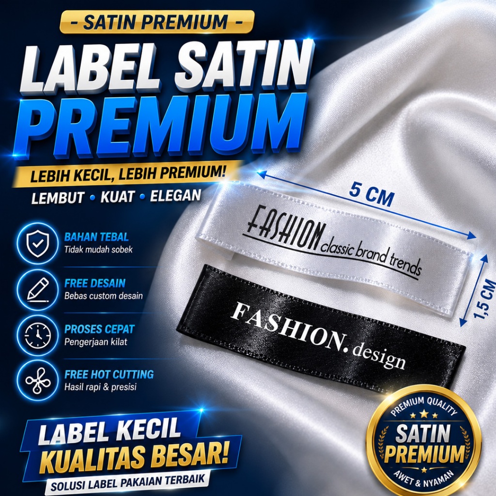LABEL SATIN PREMIUM 1,5 CM / LABEL RAJUT / LABEL SATIN RAJUT / LABEL BAJU / LABEL KAOS / LABEL SATIN