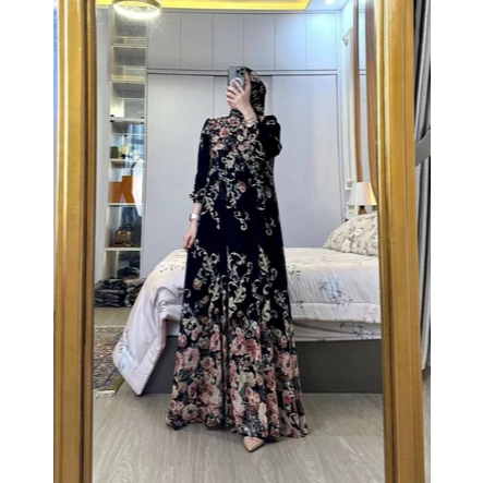Gamis Set Hijab Wanita Bahan Ceruti Premium Motif Bunga Elegan Allsize