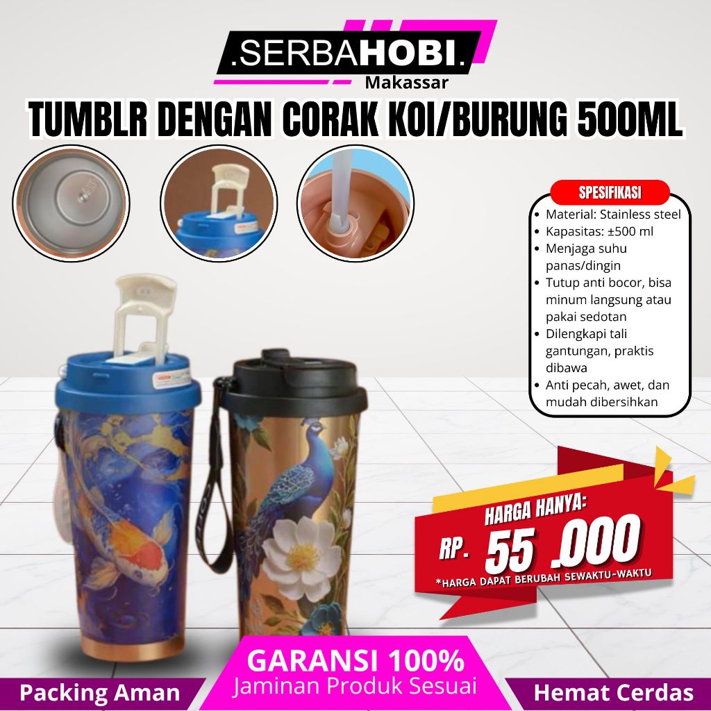 SERBA HOBI Tumbler Coffee Mug Stainless Steel dengan Tali 500ml  / tumbler stainless / tumbler motif