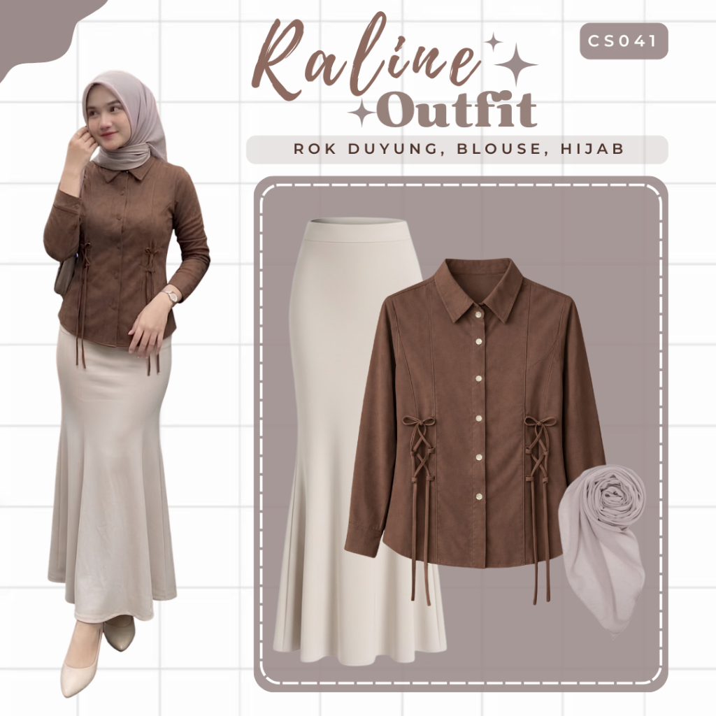 Brown Outfit Set 3In1 Wanita (Raline Blouse, Rok Duyung, Hijab) Setelan Hijab Remaja OOTD Kampus CS0