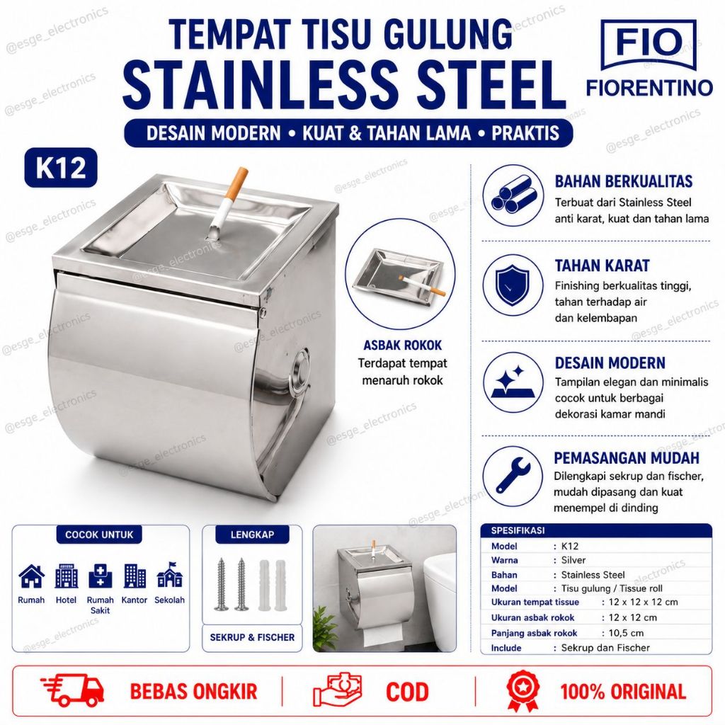 ORIGINAL TEMPAT TISSUE GULUNG TISU ROLL KAMAR MANDI FIORENTINO STAINLESS STEEL DESAIN ASBAK ROKOK