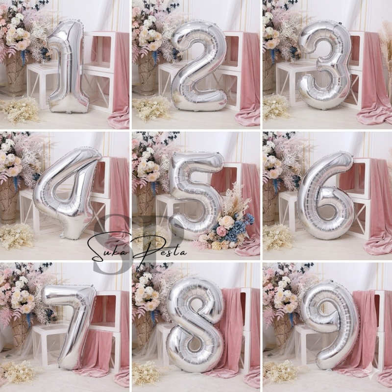 BALON ANGKA SILVER 80CM / BALON FOIL ANGKA 80CM / BALON ANGKA JUMBO