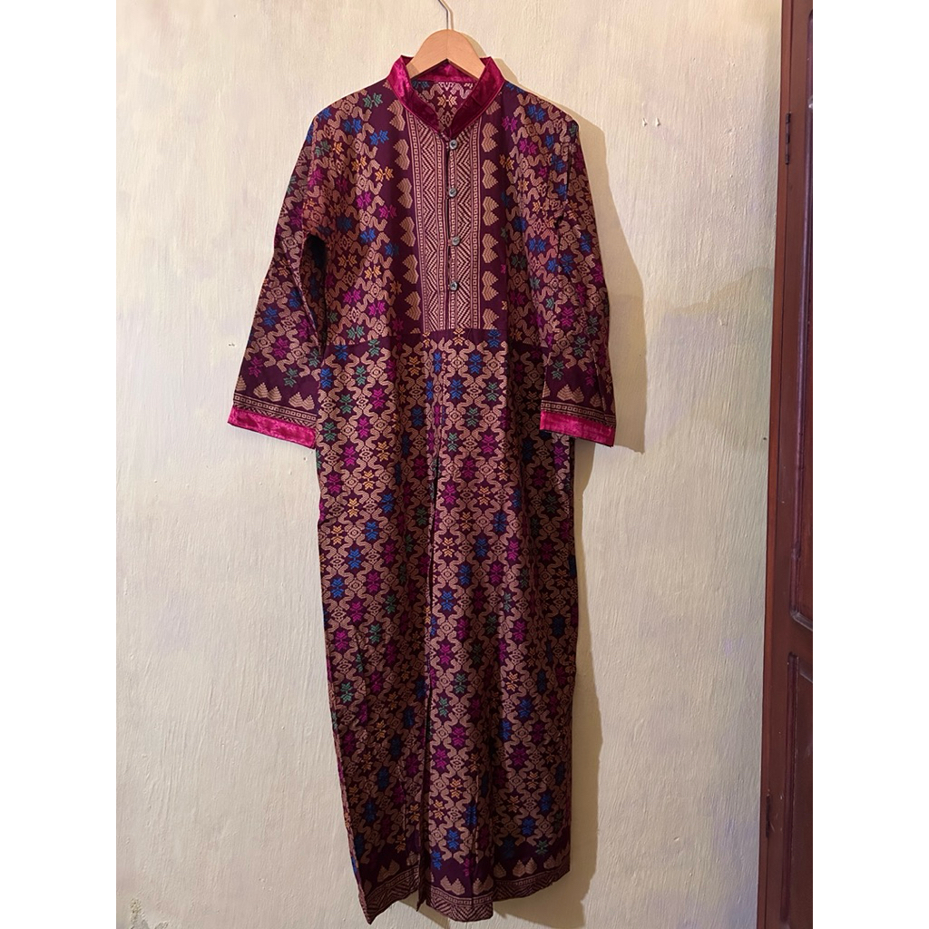 Batik Satin Dress Maroon | Gamis Batik Merah Busui Friendly