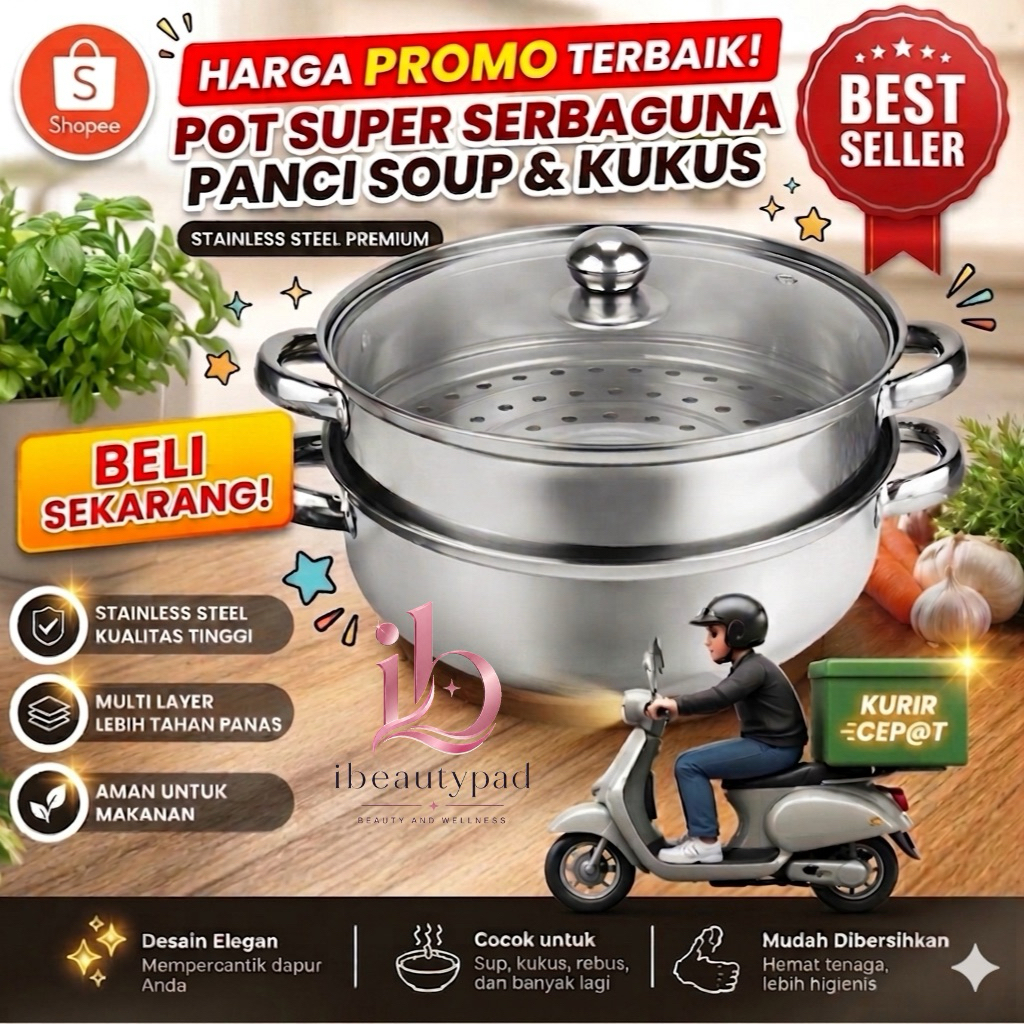 Panci Kukus 28cm Stainless Steel Tebal 2 Layer Anti Karat - Panci Rebus Sup dan Kukus Sayur
