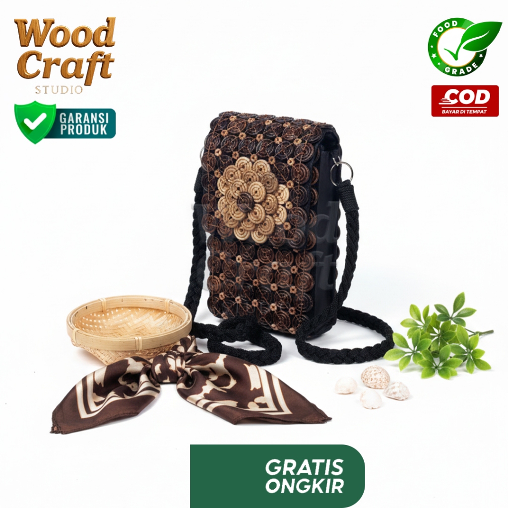 Tas Slempang Batok Kelapa Unik Handmade – Cocok untuk Menyimpan HP & Dompet Mini