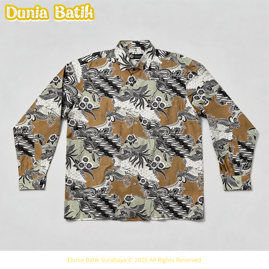 V4 Classic - Kemeja Batik Cokelat Olive Lengan Panjang Reguler Fit Bahan Premium