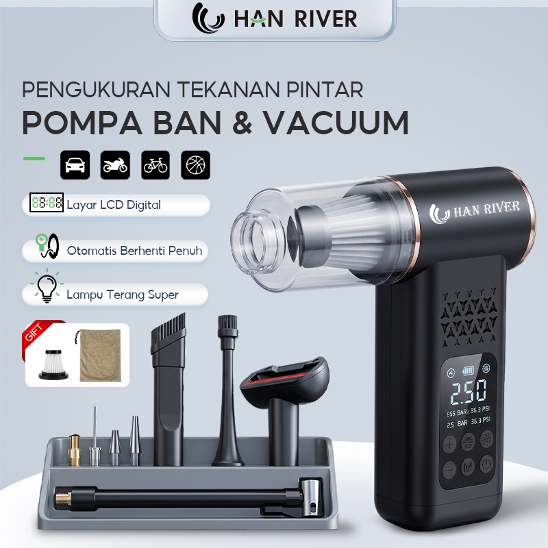 HAN RIVER Vacuum Cleaner Pompa Ban Mobil Wireless 7in1 Hisap Kuat LED untuk Mobil/Motor/Bola/Ban