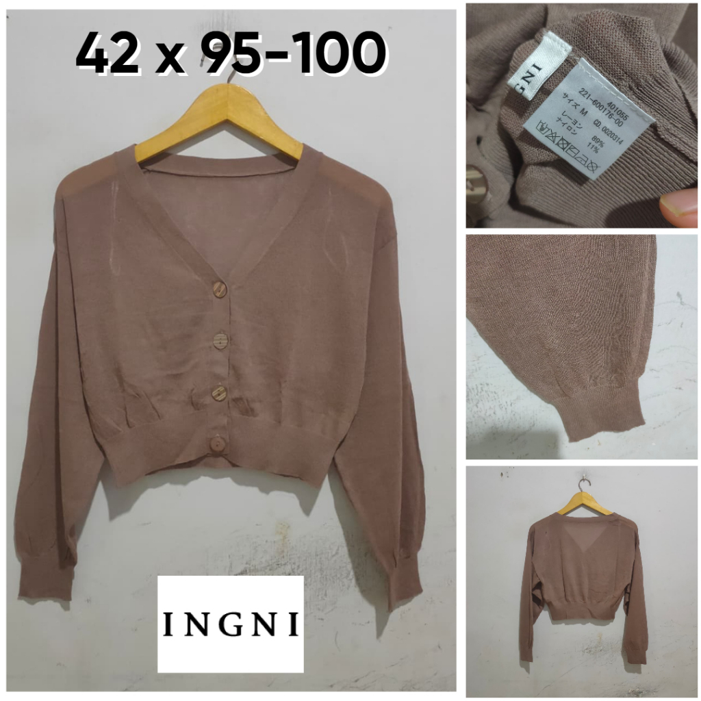 Cardigan Ingni Coklat Tanah V Neck Size M Wanita Cardi Crop Rajut Nerawang Lengan Balon E193