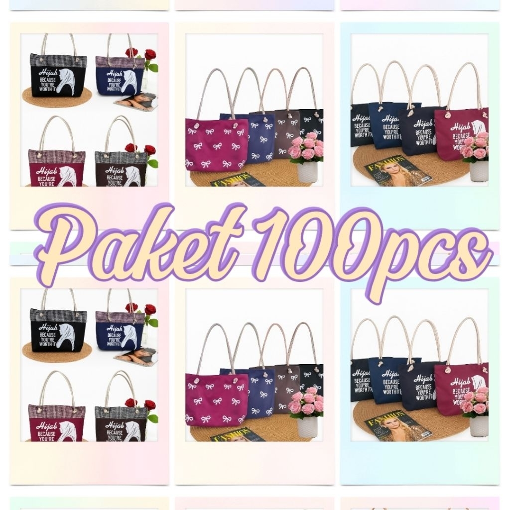 paket usaha 100 pcs, totebag kekinian tas bahu wanita tali sumbu motif||bisa mix motif asal chatt du