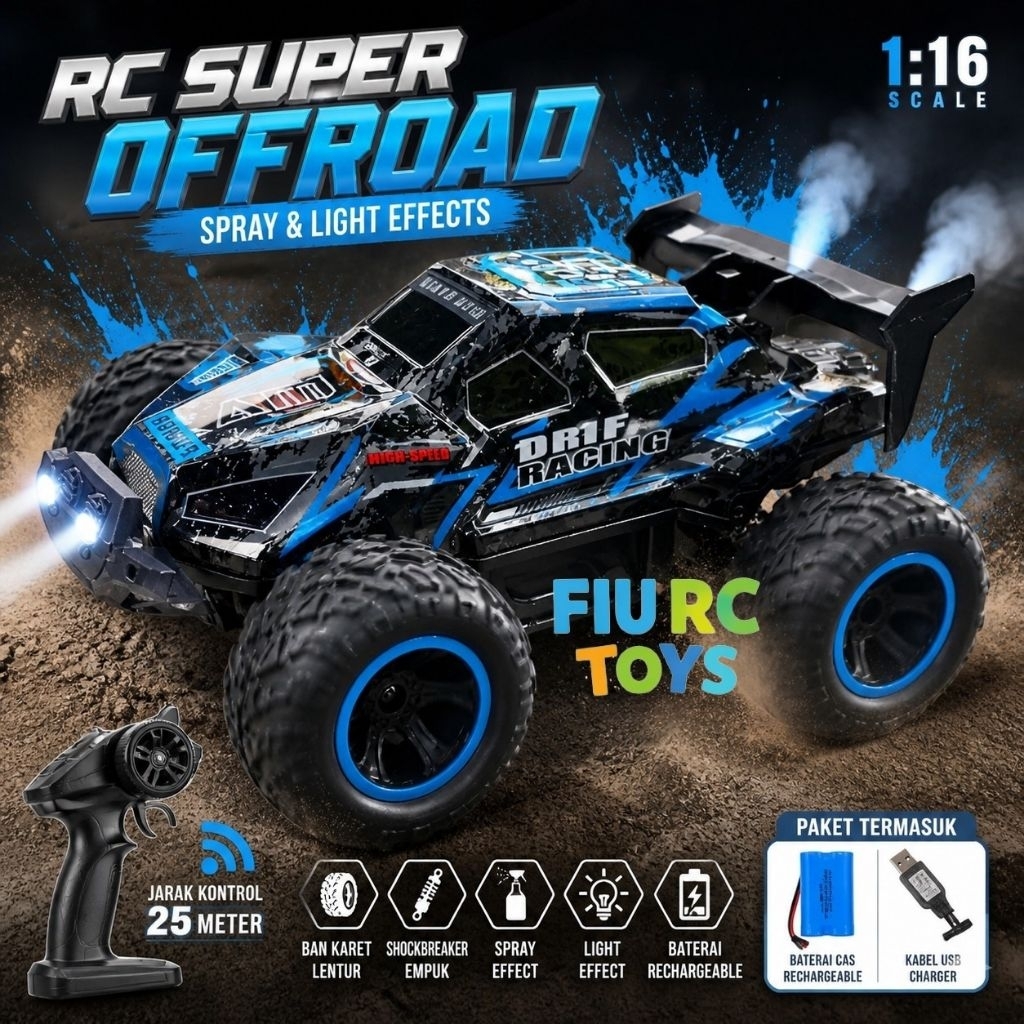 Mobil Rc Jeep Monster Offroad 1:16 Tahan Air dan Lumpur Frekuensi 2.4 GHz Spray dan Light