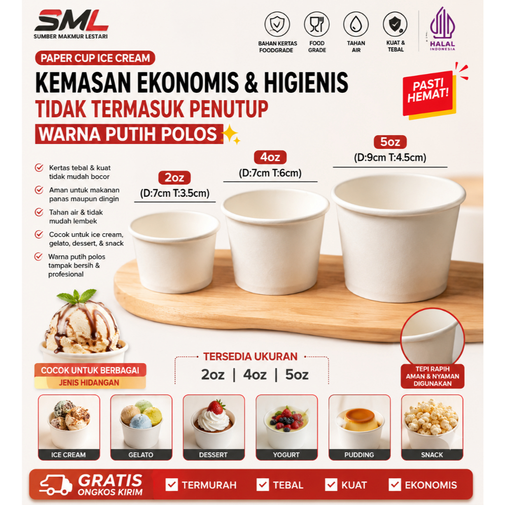 Cup Es Krim Kertas Putih Polos Tebal - Paper Cup Ice Cream Kualitas Ekspor Food Grade - Wadah Es Kri