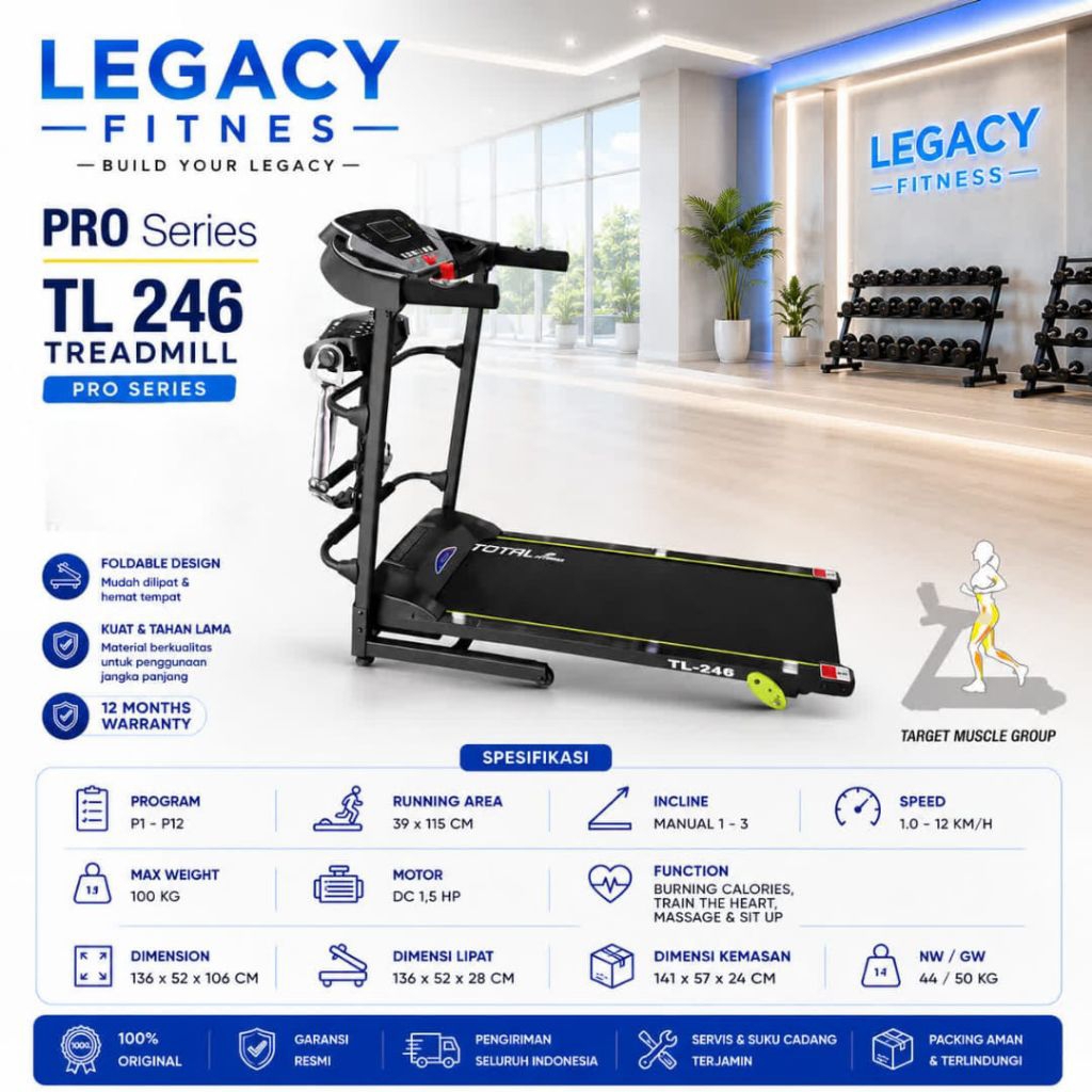 Treadmill Elektrik TL 246 Total Fitnes Alat Fitness Listrik Treadmil