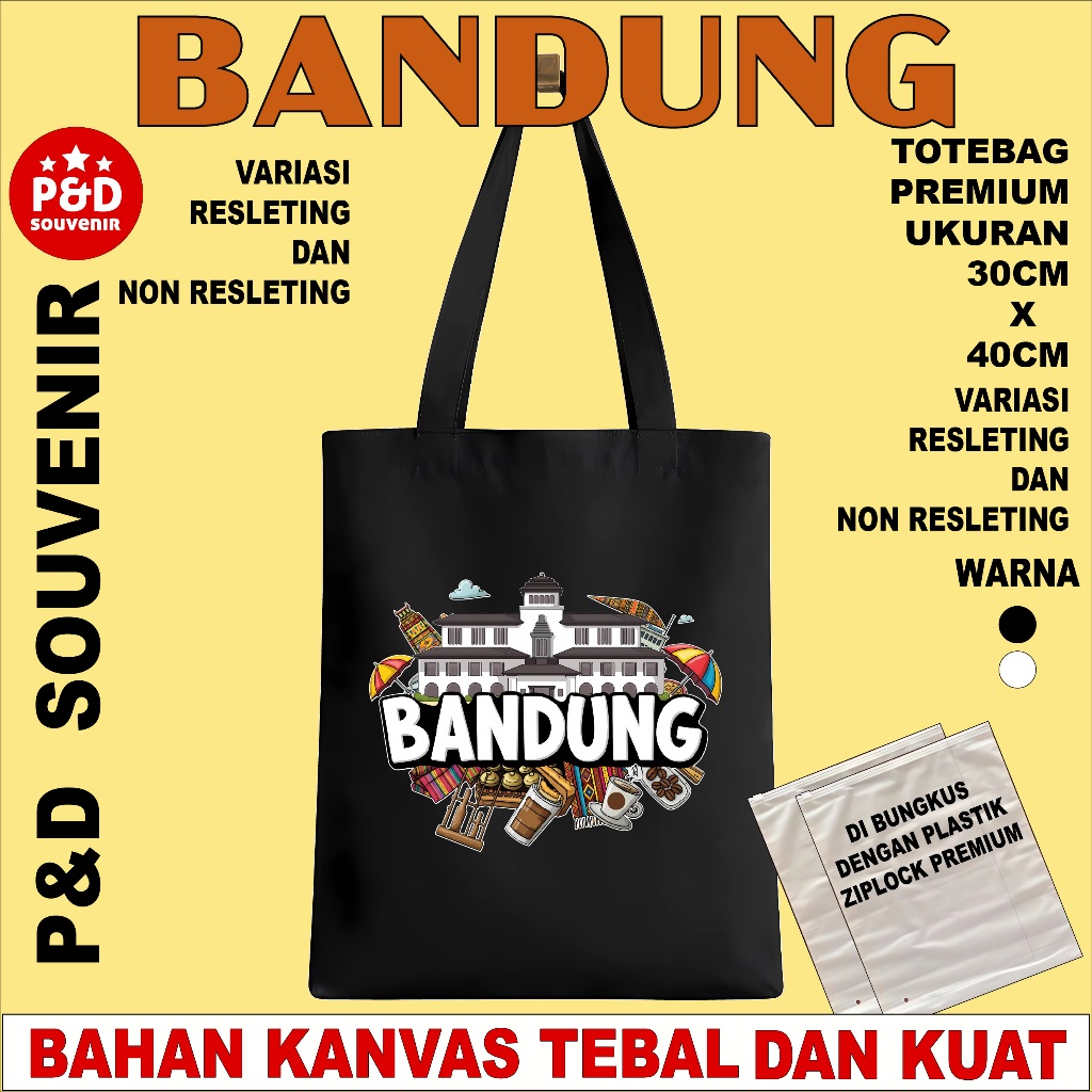 TAS TOTEBAG SOUVENIR OLEH OLEH BANDUNG (A) BAHAN KANVAS TEBAL DAN HALUS UKURAN 30X40CM