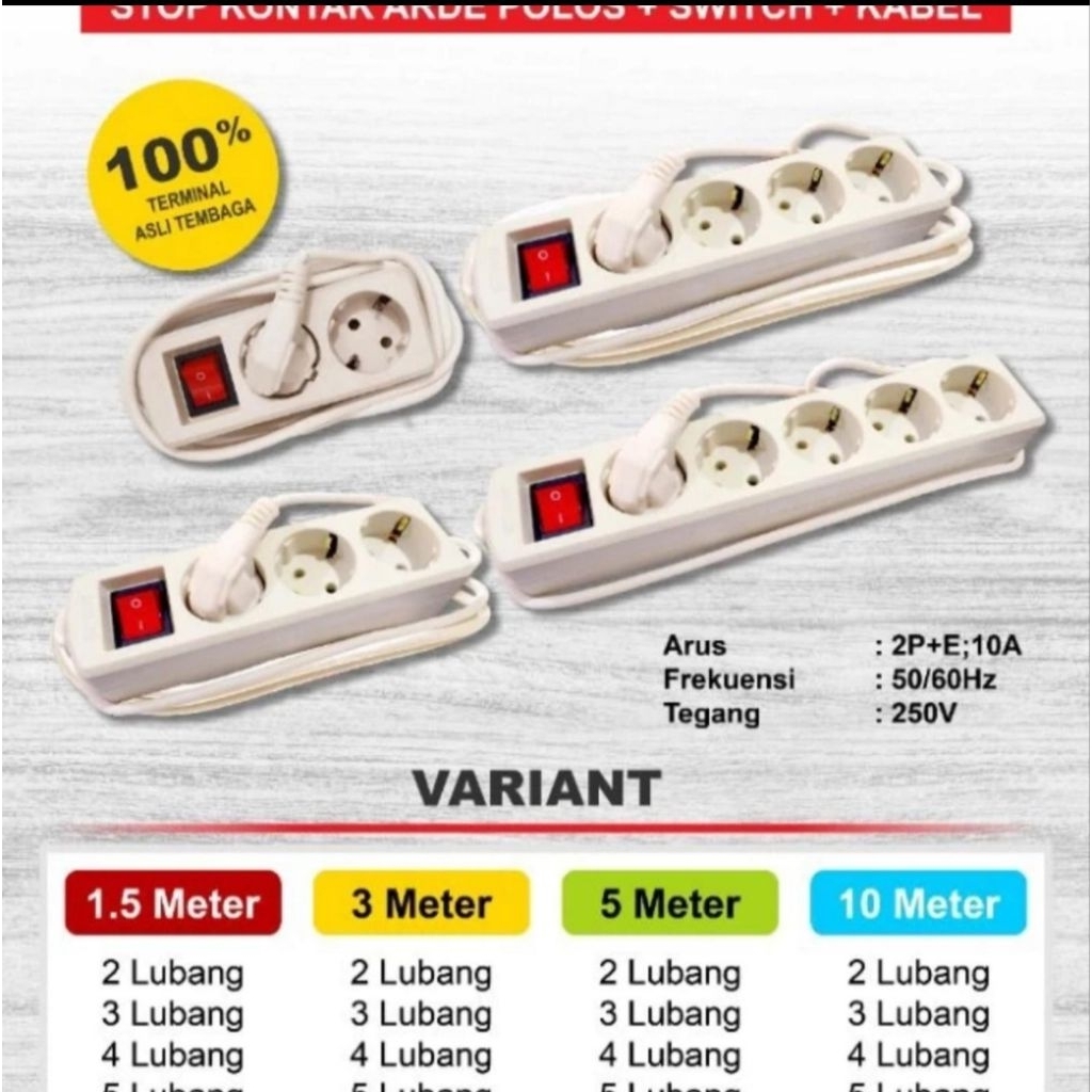 Myvo MSP Stop Kontak Arde Polos + Switch + Kabel Listrik 1,5m 3m 5m 10m 2 - 3 - 4 - 5 Lubang SNI Kua