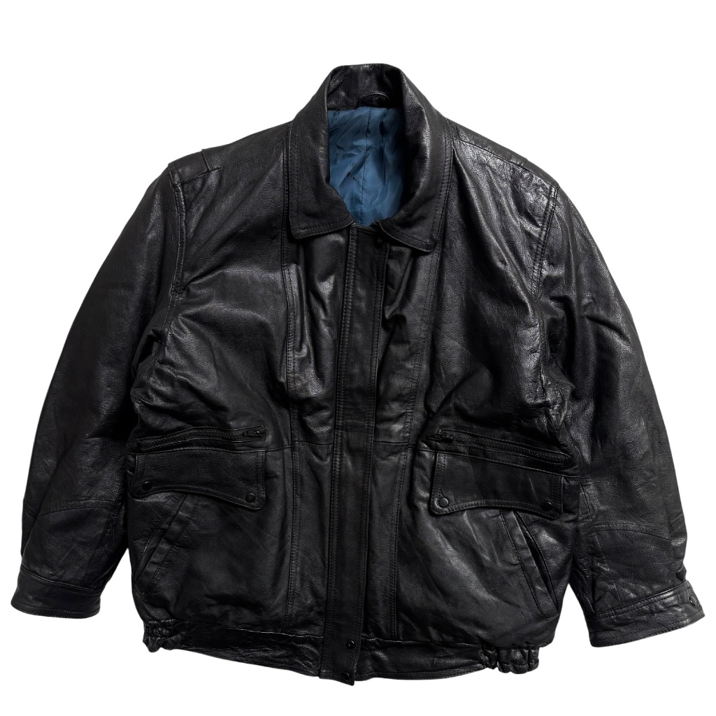 Flight Black Leather Jacket - kulit asli - size M