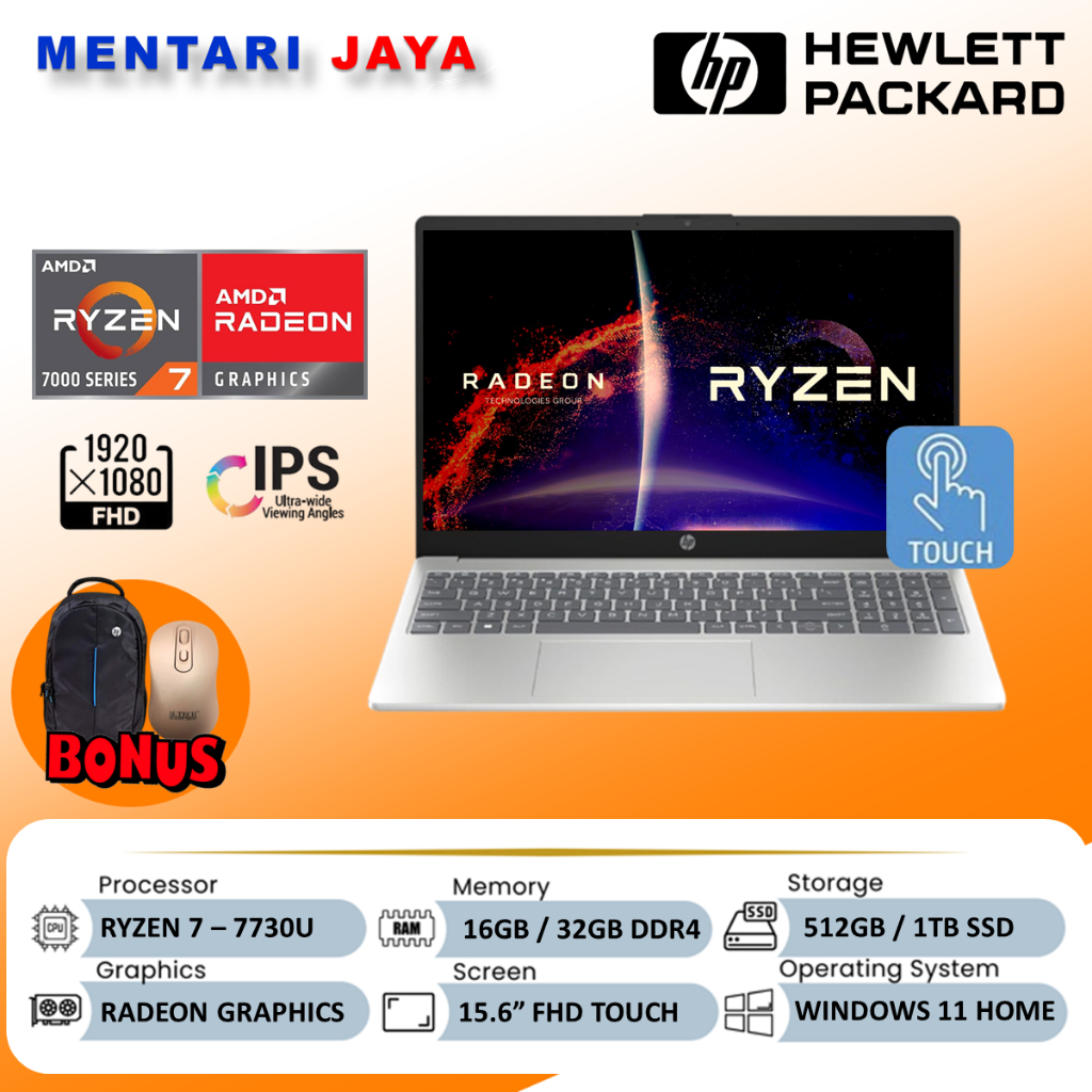 Laptop HP 15 Ryzen 7 7730U 32GB 1TB SSD FHD IPS Touchscreen Win11 Home Silver
