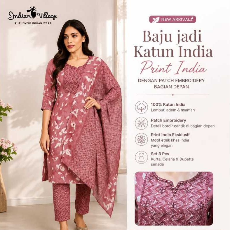 Baju jadi Katun India Print India dengan patch embroidery bagian depan.- setelan wanita india