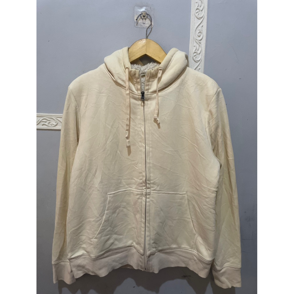 Hoodie Zipper Sherpa Uniqlo BW/Putih Tulang sz XL