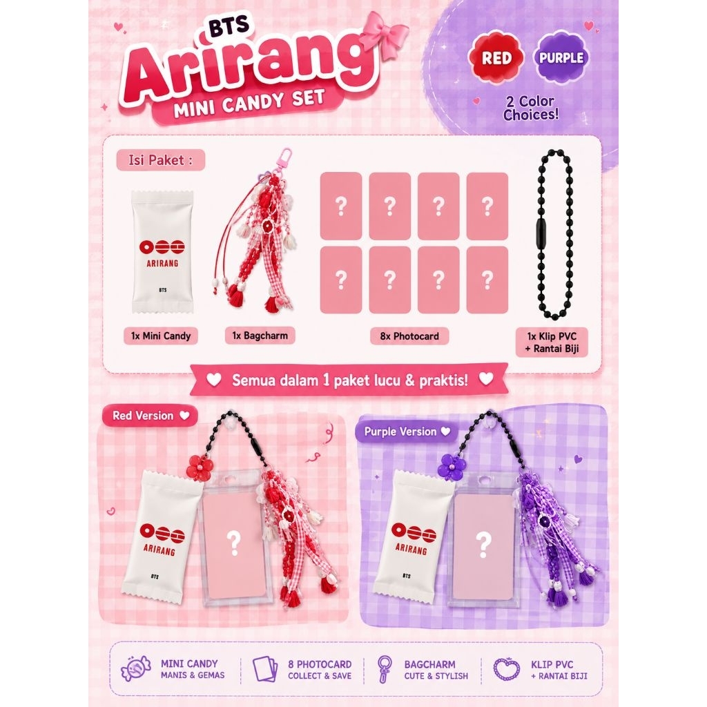 BTS Arirang Candy Photocard Mini + Bag Charm + PVC klip keychain | Kpop PC Lucu Aesthetic