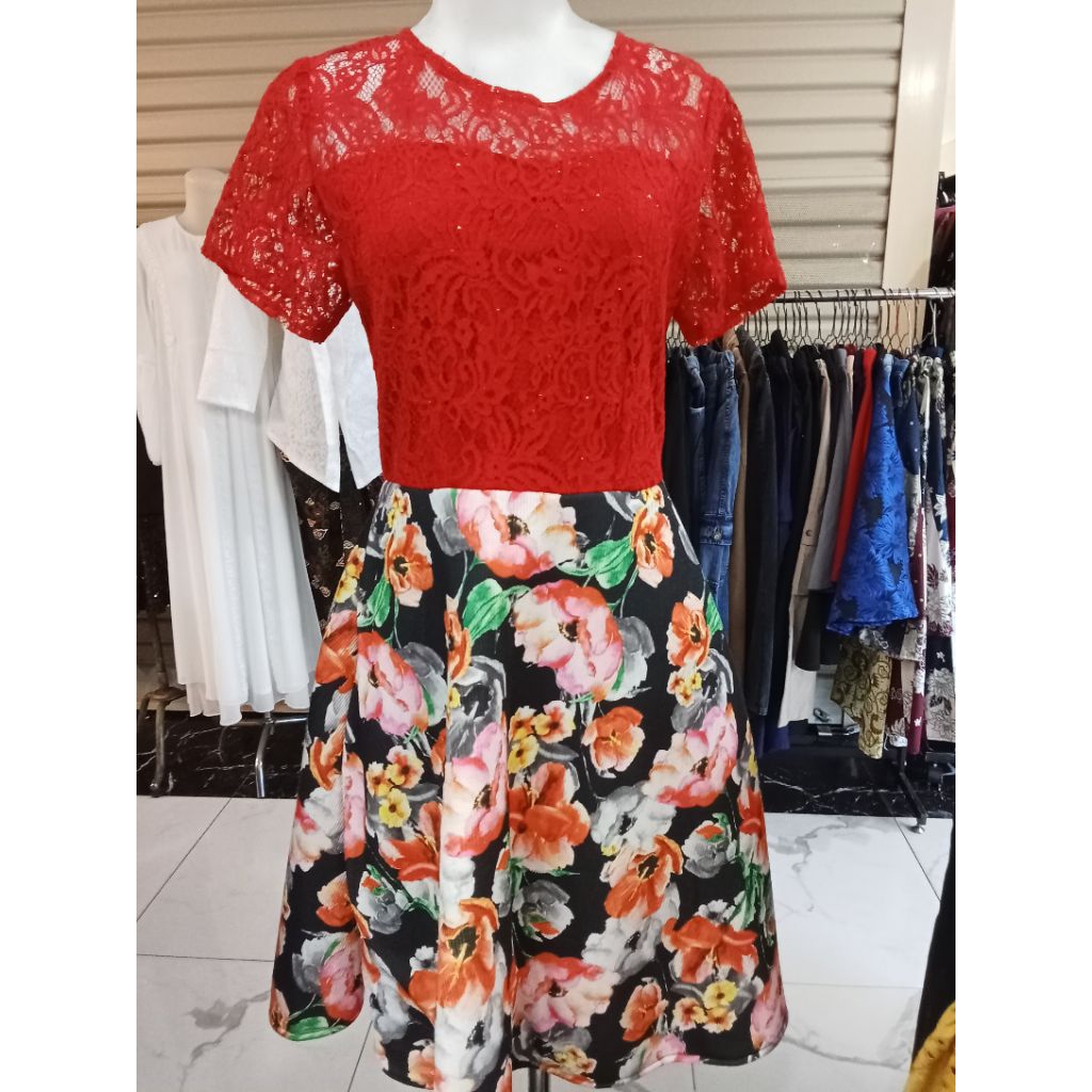[sale][cuci gudang] midi dress mewah bahan brokat mix scuba tebal rok lapis busa tebal kaku warna kh