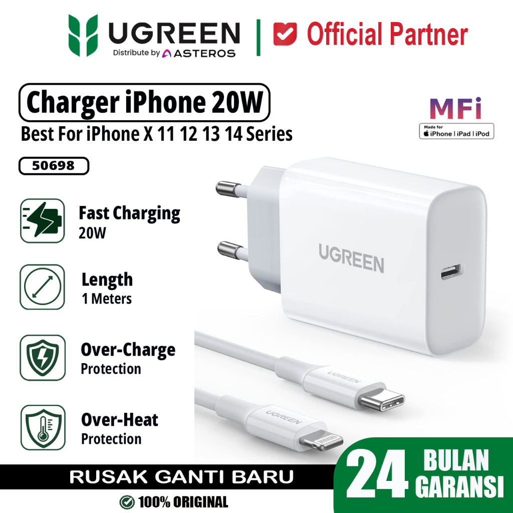 Reynaldracing UGREEN MFi Charger iPhone PD Kepala Charger USB Type C + Kabel Type C to iPhone