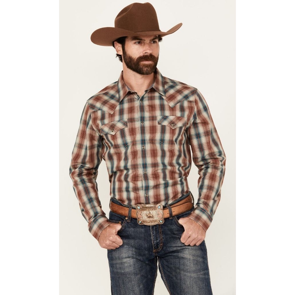 Preloved Kemeja Pria Cody James Long Sleeve Western Snap Shirt -  Brown Plaid